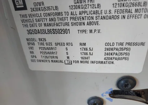 2006 Buick Rendezvous Cx z USA, uszkodzony, nr VIN 3G5DA03L86S502901